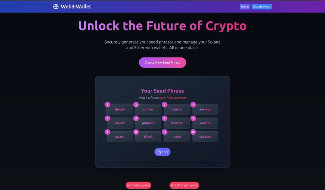 Web3 Wallet project screenshot showing the application interface and features